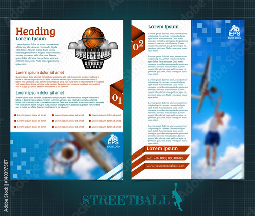 Two sided basketball brochure or flyer street ball template design with blurred photo elements. Mock-up cover vector sport style