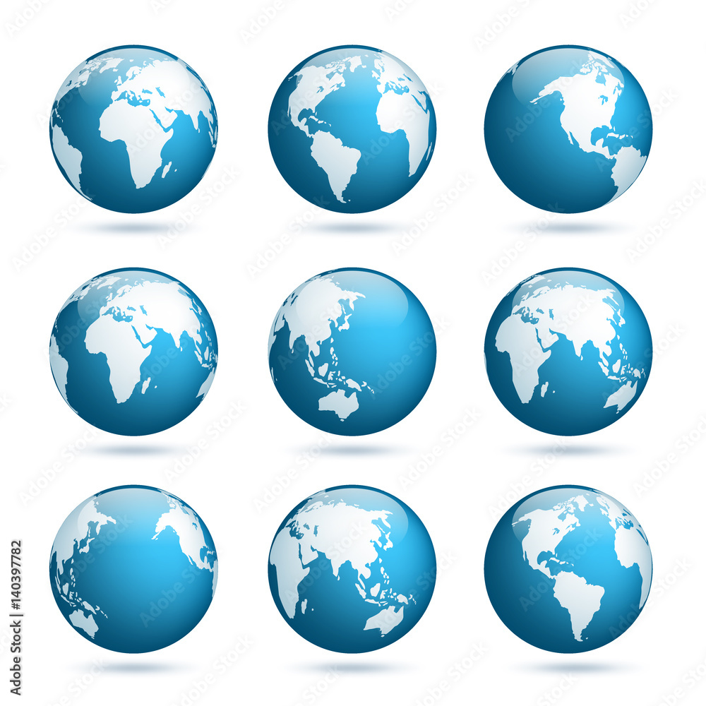 Earth globe. World map set. Planet with continents.Africa Asia, Australia, Europe, North America and South America. Earth globe. World map set. Planet with continents.Africa Asia, Australia, Europe, North America and South America.