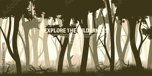 Trees set. Wild pine forest, nature background. Wood.Vector illustration.Banner. Dark green tree. Landscape.Grass,meadow.