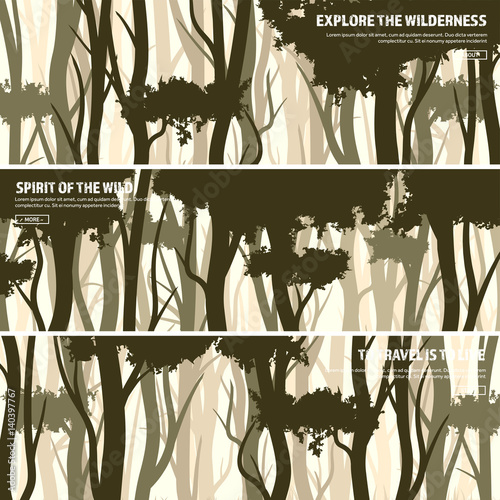Trees set. Wild pine forest, nature background. Wood.Vector illustration.Banner. Dark green tree. Landscape.Grass,meadow.