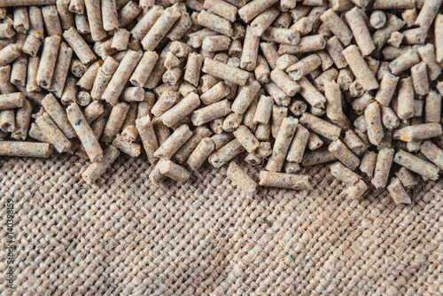 Feed pellets on sacking