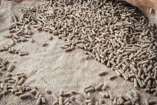 Feed pellets on sacking