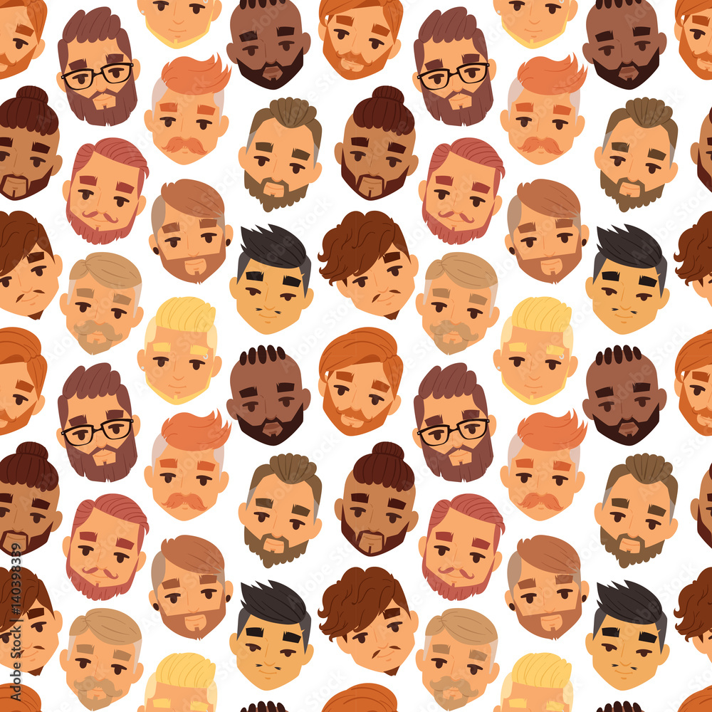 Various expressions bearded man face avatar fashion hipster hairstyle head person mustache vector seamless pattern. Various expressions bearded man face avatar fashion hipster hairstyle head person mustache vector seamless pattern.