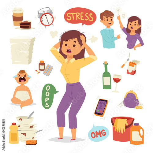 Vector illustration of funny brunette stressed woman with her hands on the head and wide opened mouth headache tired female character.