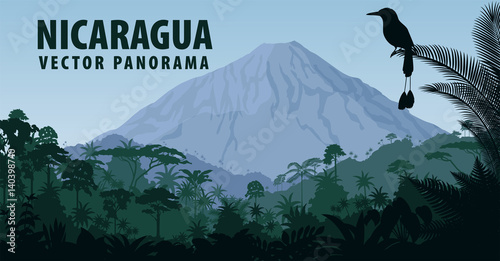 Fototapeta vector panorama of Nicaragua with vulcano in jungle rainforest and Turquoise bro
