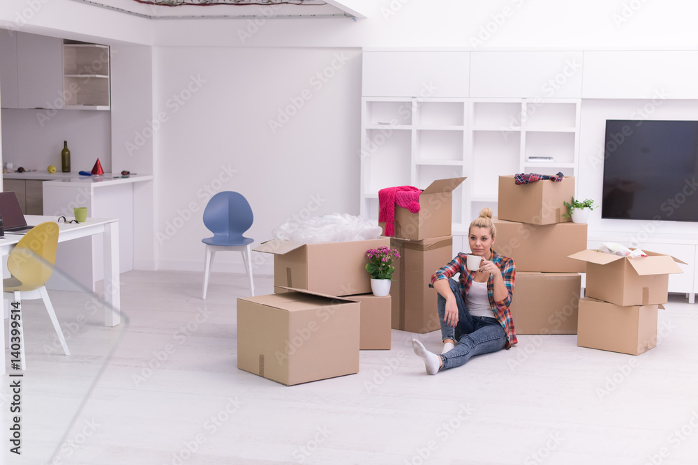 Fototapeta premium woman with many cardboard boxes sitting on floor