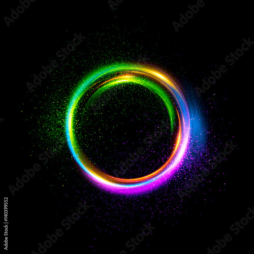 Abstract neon background. luminous swirling. Glowing spiral cover. Black elegant. Halo around. Power isolated. Sparks particle. Space tunnel. Glossy jellyfish. LED color ellipse. Glint glitter