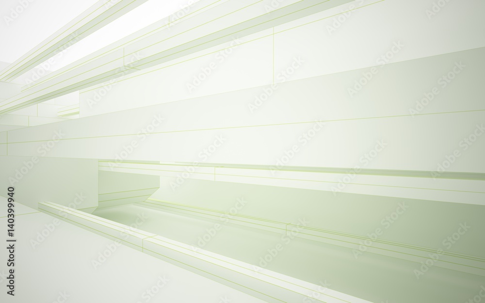Obraz premium Abstract white interior highlights future. Polygon green drawing. Architectural background. 3D illustration and rendering