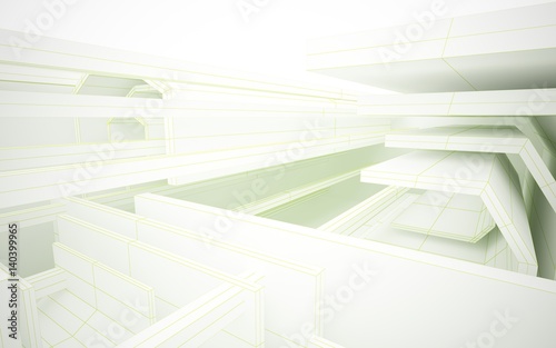 Abstract white interior highlights future. Polygon green drawing. Architectural background. 3D illustration and rendering