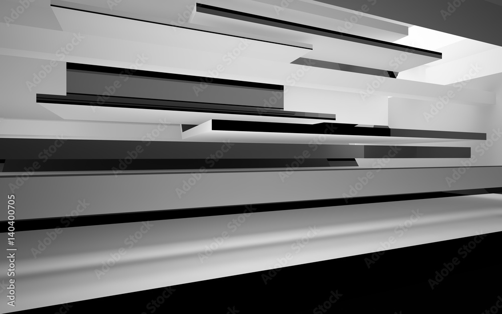 Abstract white interior with glossy black geometric shapes. Architectural background. 3D illustration and rendering