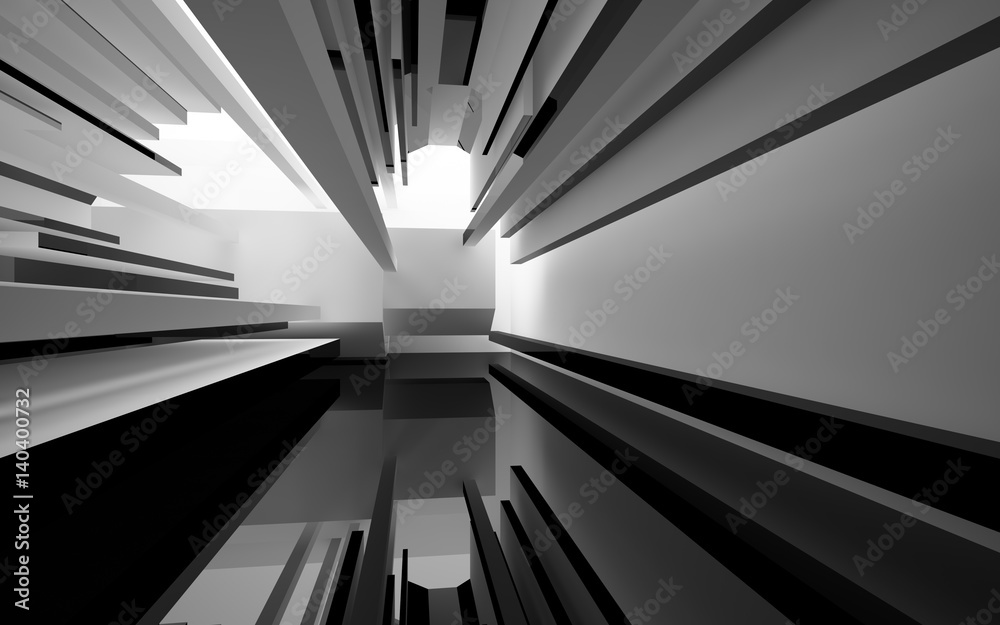 Fototapeta premium Abstract white interior with glossy black geometric shapes. Architectural background. 3D illustration and rendering