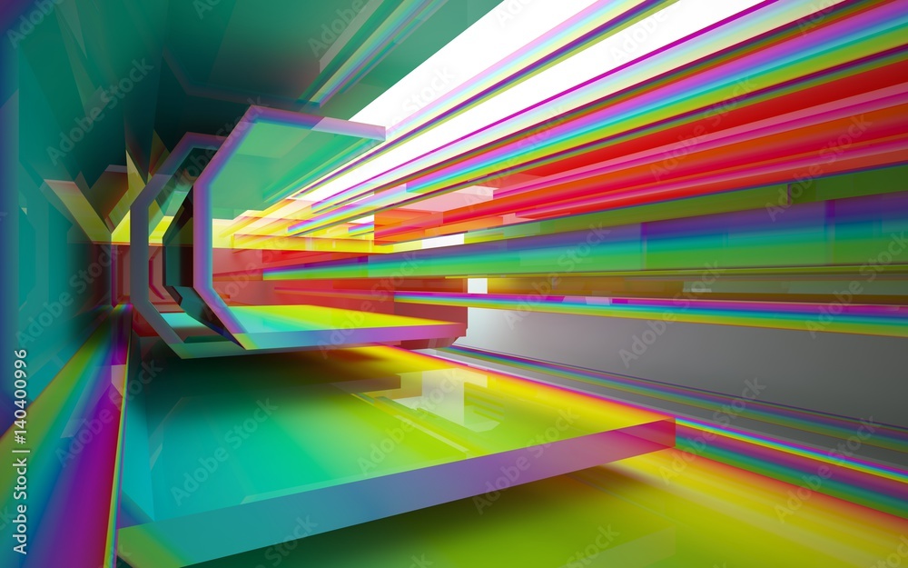 Fototapeta premium Abstract dynamic interior with gradient colored objects. 3D illustration and rendering