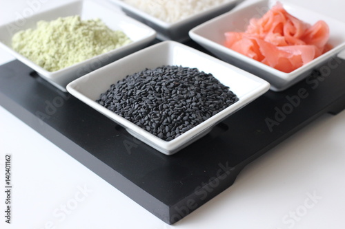 sushi preparation, preparing sushi, preparing japanese food, component of sushi, component od Japanese food, sushi, wasabi, sesame, black sesame, ginger, red ginger, rice for sushi, rice, special rice