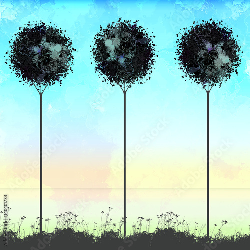  Watercolor Round Tree   - vector illustration