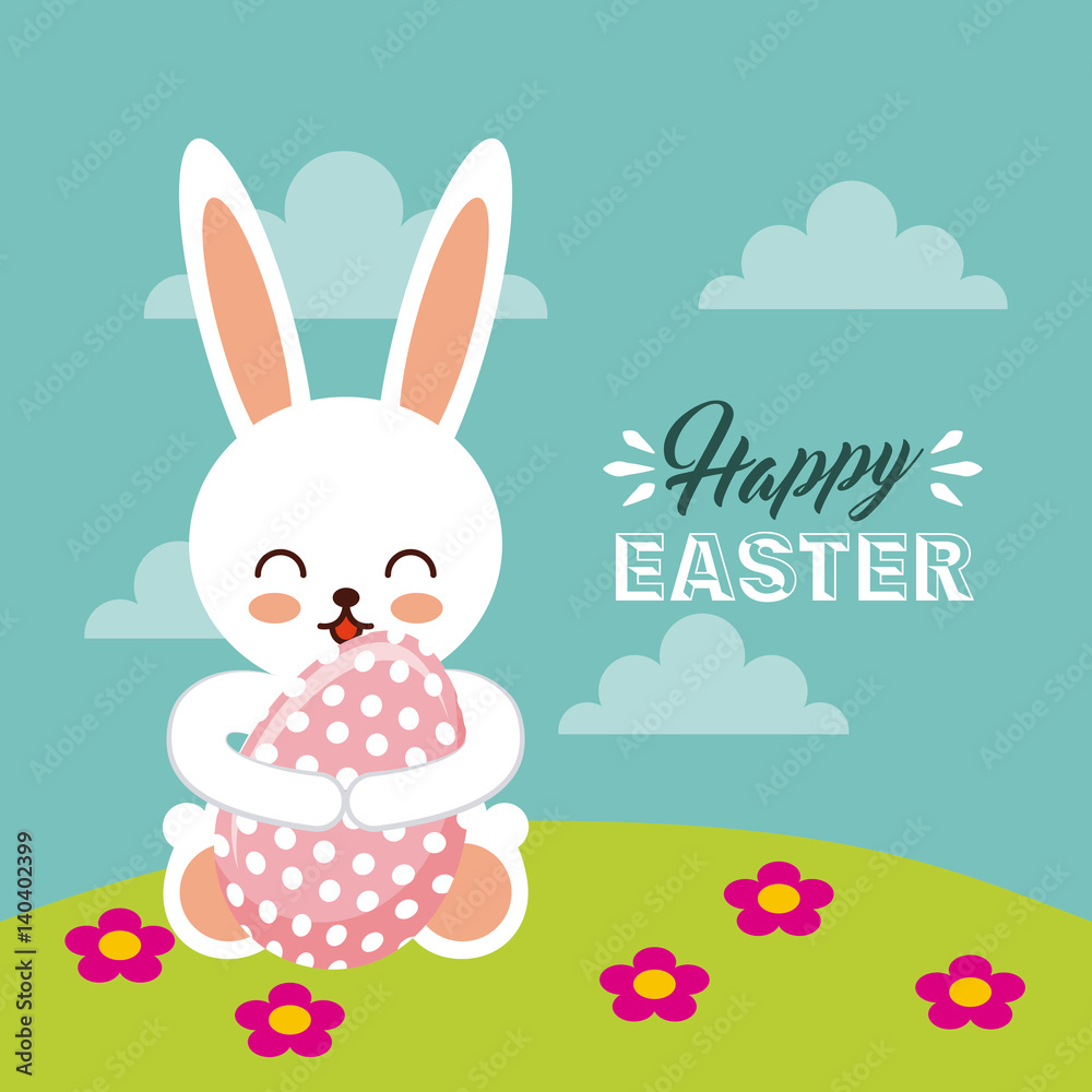 happy easter card with bunny icon over blue background. colorful design. vector illustration