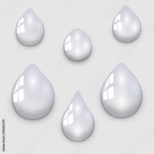 Set of transparent water droplets on a light gray background, illustration
