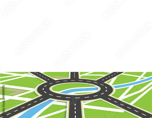 Crossroads of roads with markings. Roundabout Circulation. View in perspective with shadow. Local map. illustration