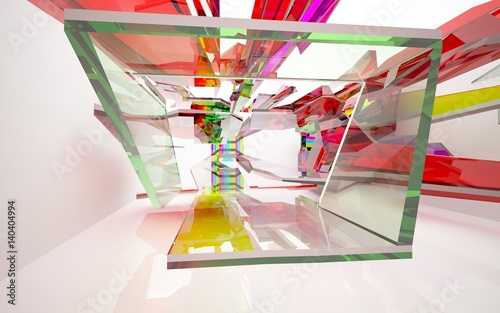 abstract architectural interior with blue, purple and green geometric glass sculpture with brown lines. 3D illustration and rendering