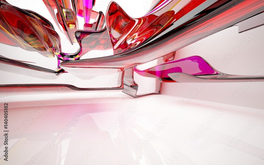 abstract architectural interior with red, pink and yellow smooth glass sculpture with black lines. 3D illustration and rendering