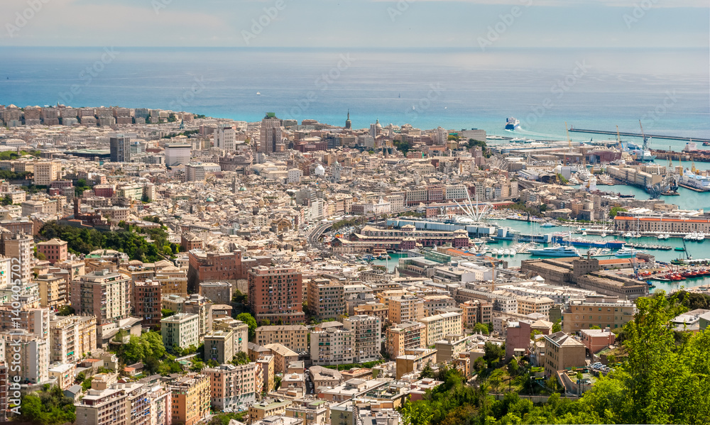 Aerial view of Genoa downtown seen from surrounding hills