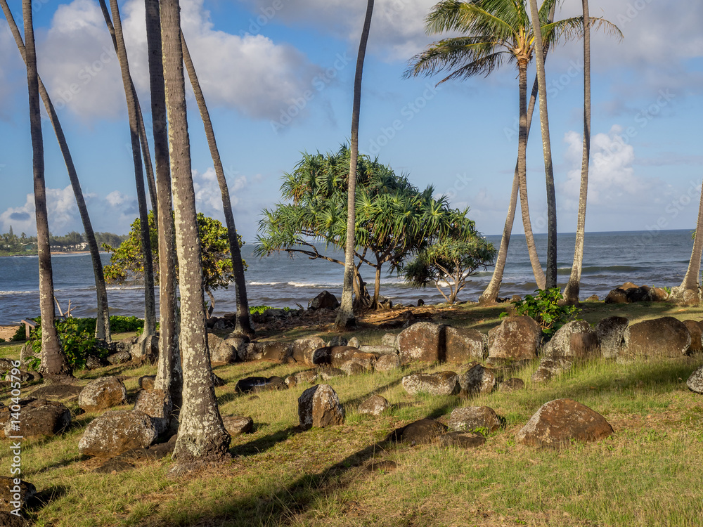 Ancient Hawaiian temple, or Heiau, located on the eastern shore of Kauai close to the the mouth of the Wailua River.