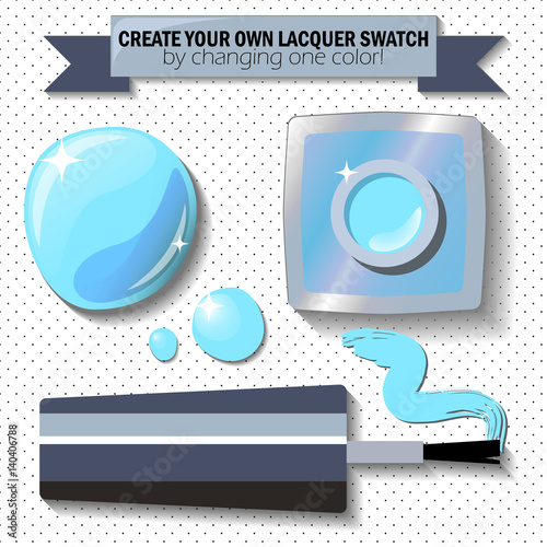 Nail lacquer color swatch vector illustration. Nail polish bottle, brush and drop.