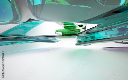 Abstract architectural interior with colored smooth glass sculpture with black lines. 3D illustration and rendering