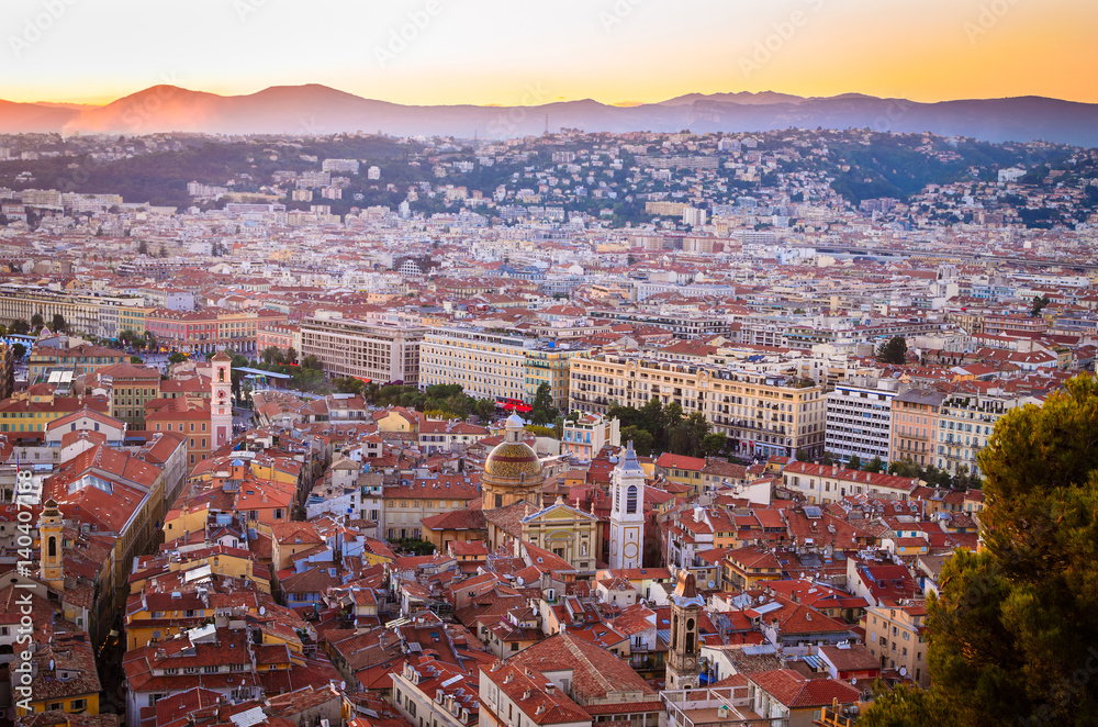 Sunset aerial view of Nice, Cote d'Azur, French Riviera, France