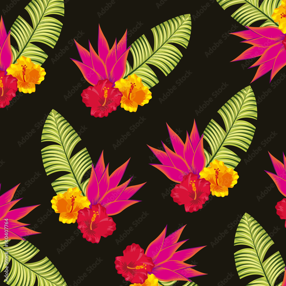tropical flowers and leaves over black background. colorful design. vector illustration
