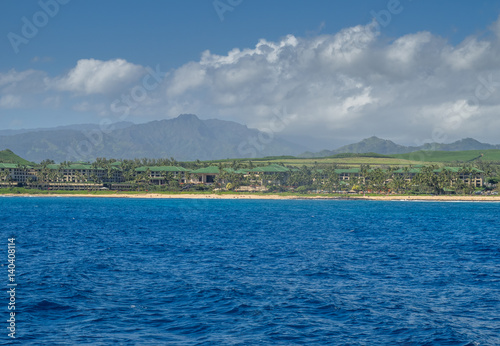 View of famous Poipu beach on Kauai from the ocean.  photo