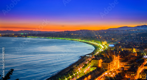 Night aerial view of Nice, Cote d'Azur, French Riviera, France