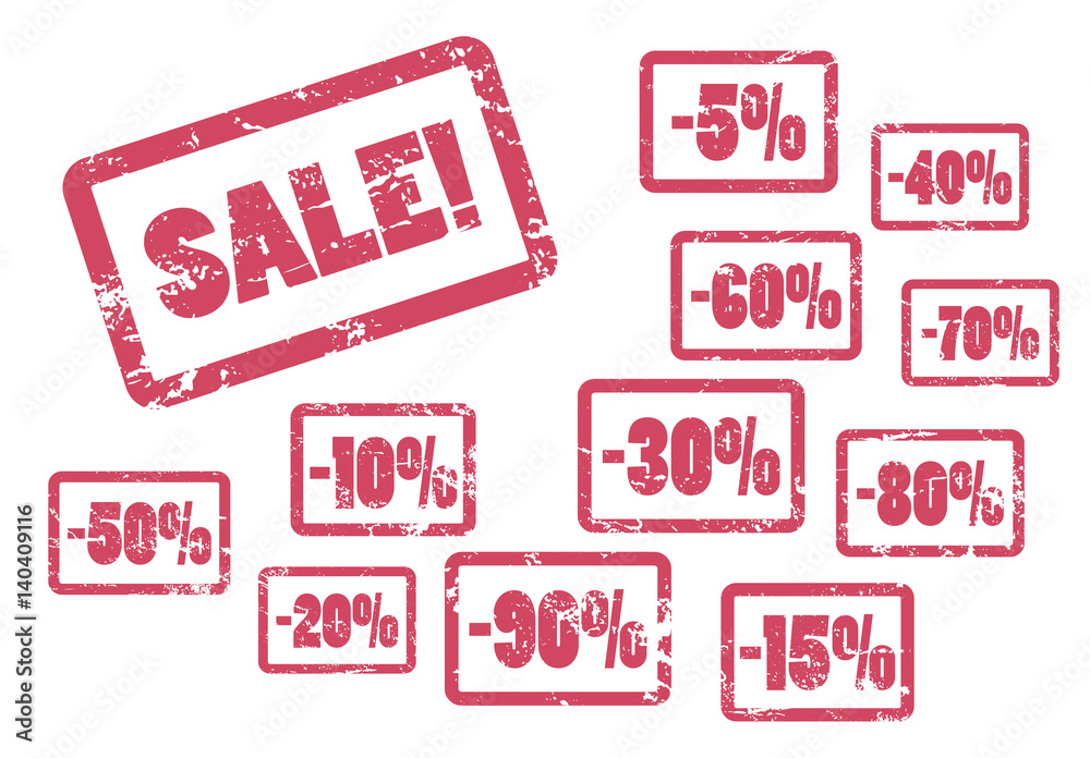 Sale inscription with discount percent. Red framed rubber stamp for shop sale. Sale inscription with discount percent. Red framed rubber stamp for shop sale.