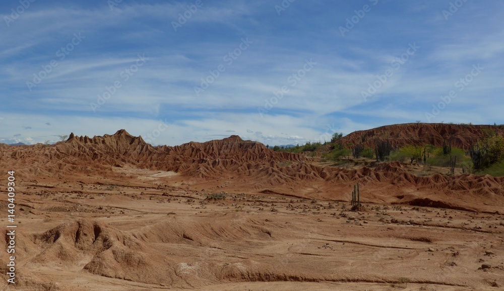 Dry creek beds, red earth, erosion and barren ground of the Tatacoa desert on a hot summer's day.