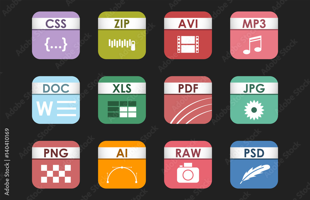 Simple square file types formats labels icon set presentation document symbol and audio extension graphic multimedia sign vector illustration.