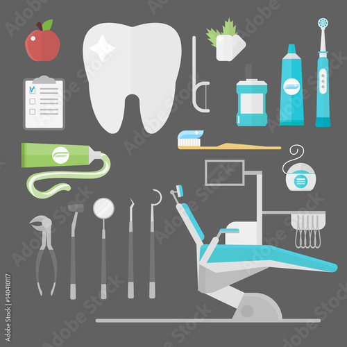 Flat health care dentist symbols research medical tools healthcare system concept and medicine instrument hygiene stomatology engineering vector illustration.