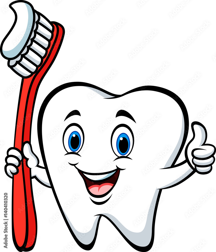 Fototapeta premium Cartoon tooth holding a tooth brush giving thumb up