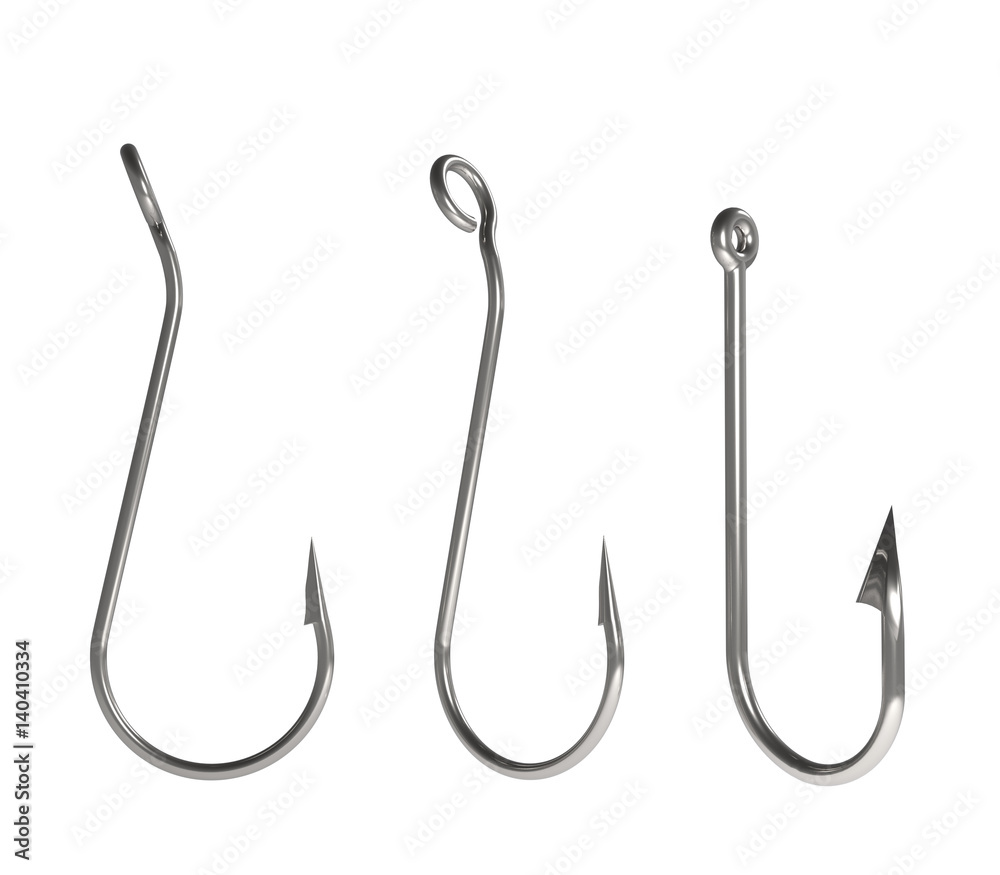 one fish hook on white background, 3d render one fish hook on white background, 3d render