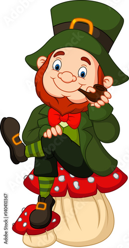 Cartoon happy leprechaun sitting on the mushroom,