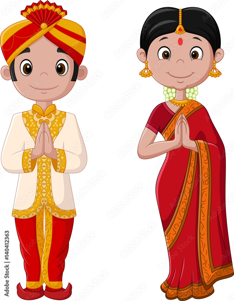 Cartoon Indian couple wearing traditional costume