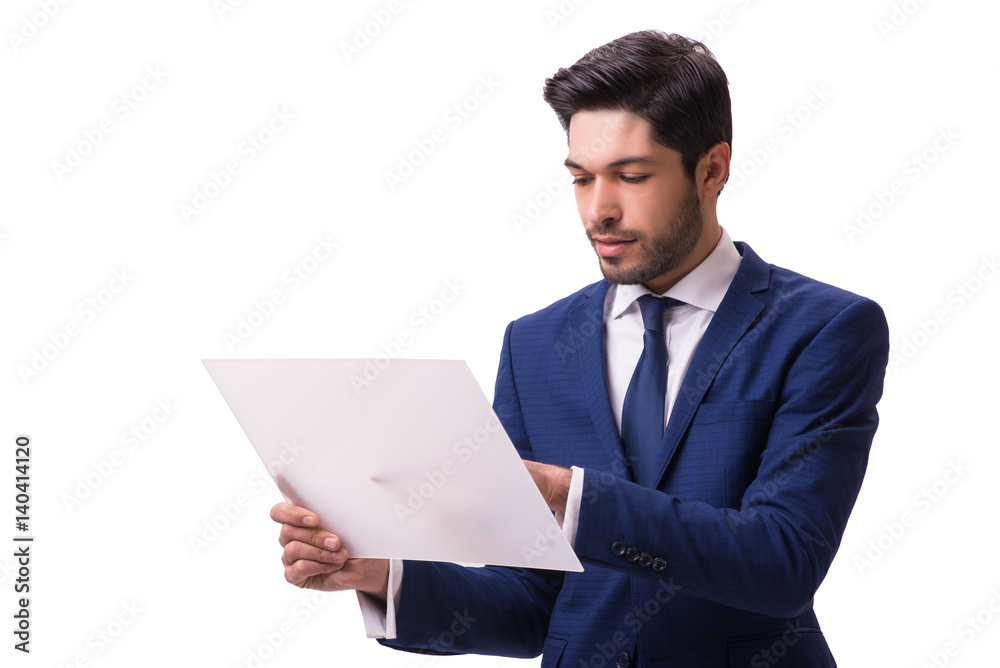 Businessman working on tablet isolated on the white background Businessman working on tablet isolated on the white background