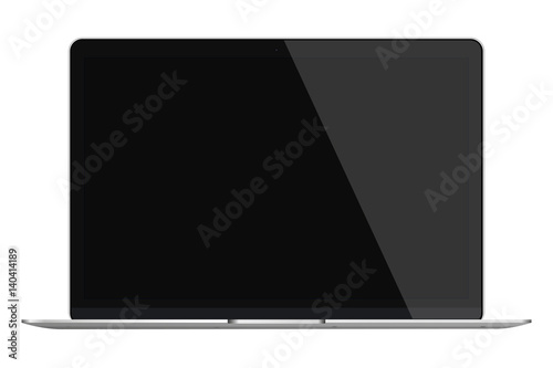 Modern glossy laptop with black screen isolated on white background. 3D Illustration.