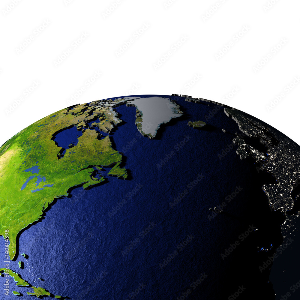Fototapeta premium North Atlantic on model of Earth with embossed land