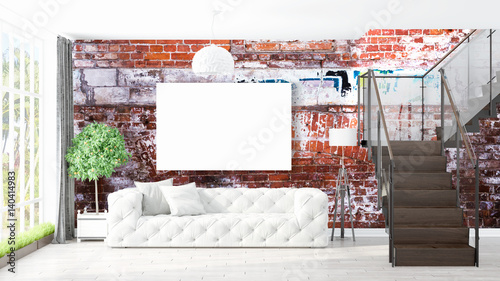 Modern bright interior with empty frame . 3D rendering photo