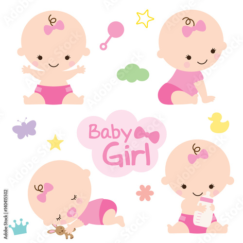 Vector illustration of baby girl with cute graphic elements. Perfect for baby shower.