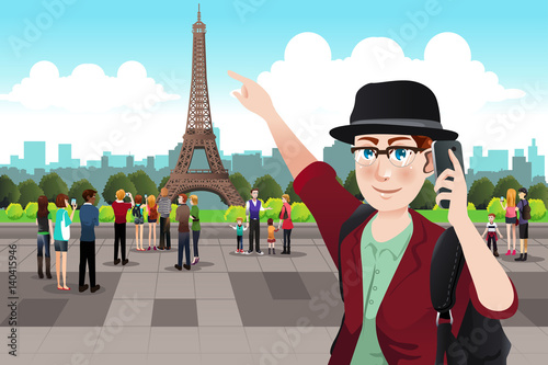 Tourist Taking Picture Near Eiffel Tower