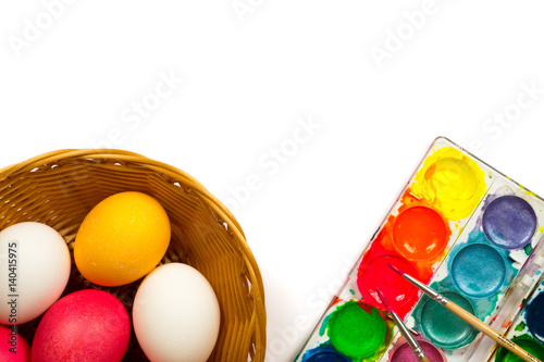 easter postcard, colorful eggs in basket and water colors photo