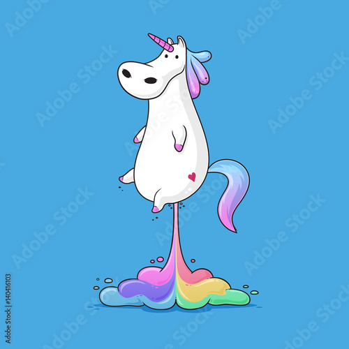 Photo Cute fat unicorn farting rainbow funny vector cartoon illustration