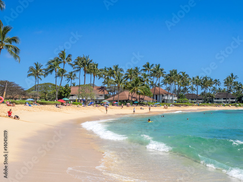 View of famous Poipu beach on Kauai island in Hawaii. 