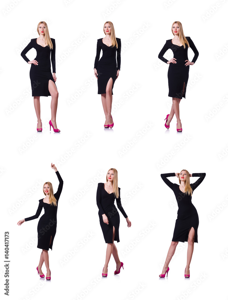Fototapeta premium Woman in black dress in fashion concept on white