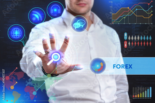 Business, Technology, Internet and network concept. Business man working on the tablet of the future, select on the virtual display: FOREX